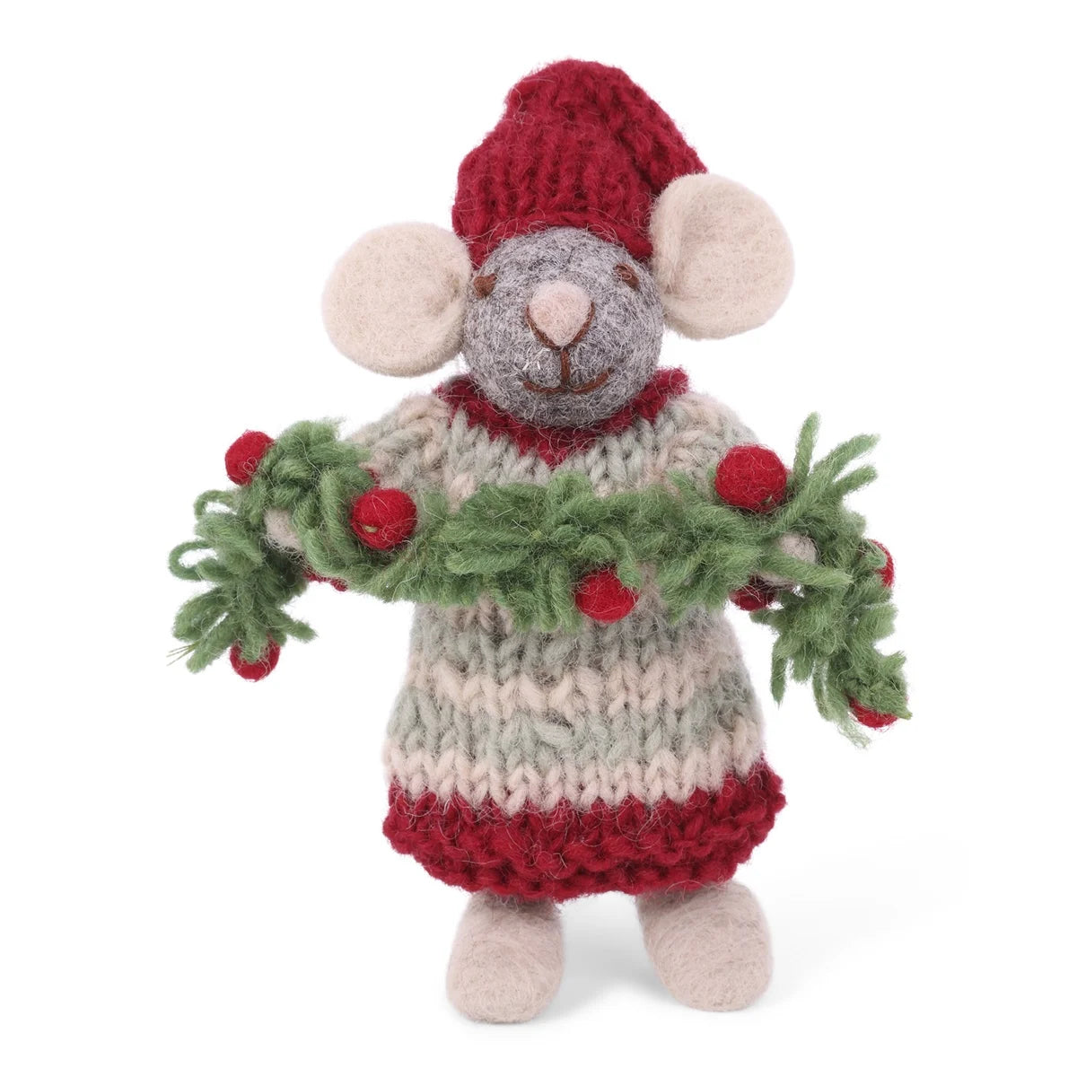 Ratón De Fieltro Blanco Con Esquís Y Vestido Rojo - Decoración Navideña Hecha A Mano, Comercio Justo, 11 Cm