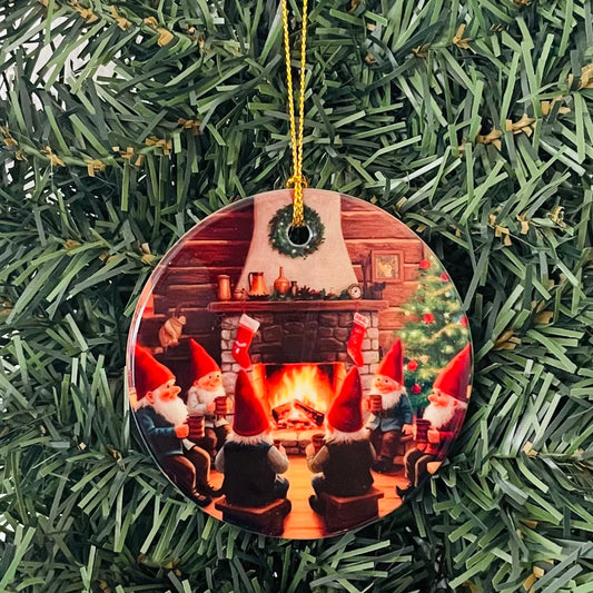Ornament Gnomes at Fireplace