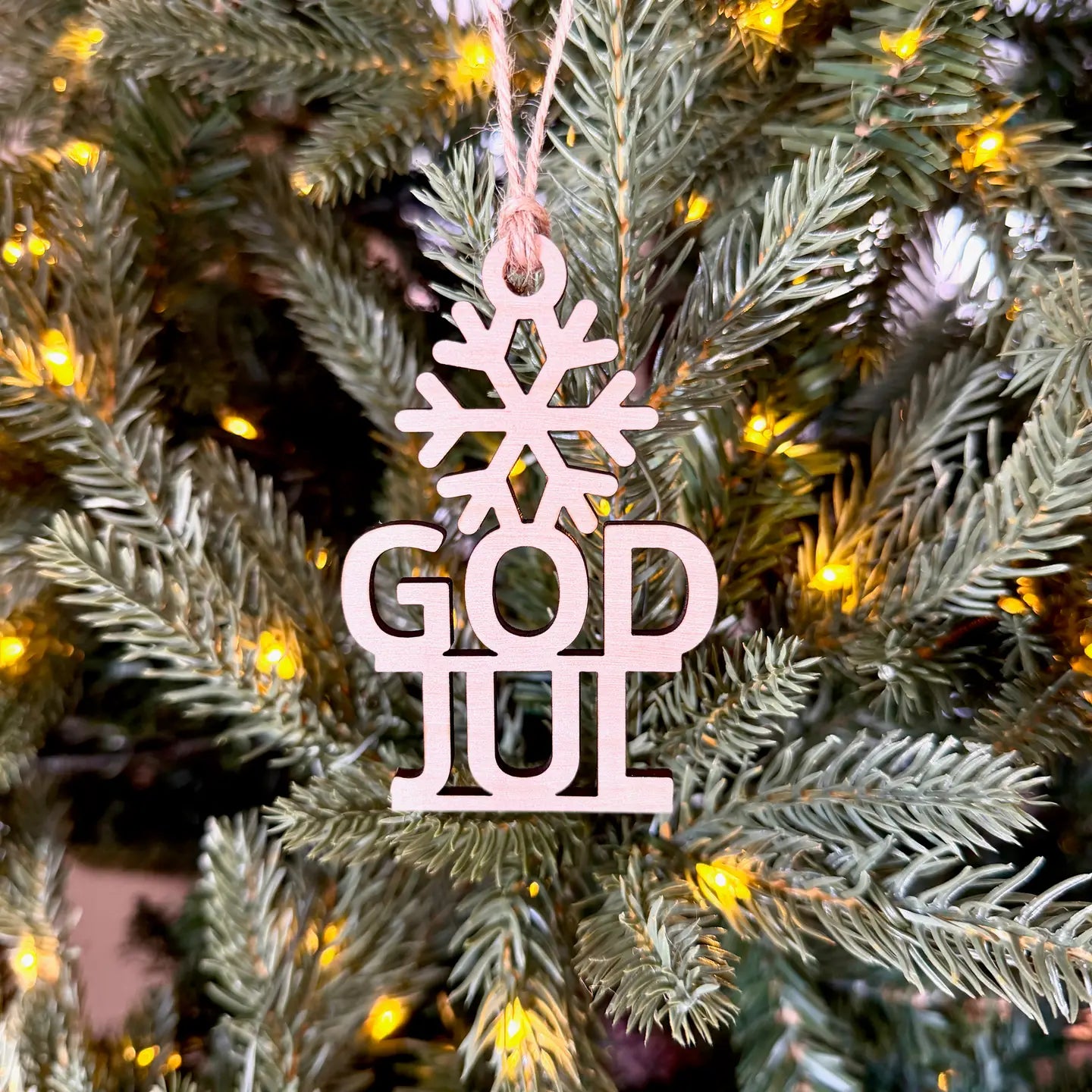 Ornament GOD JUL Wood Engraved Aurora North
