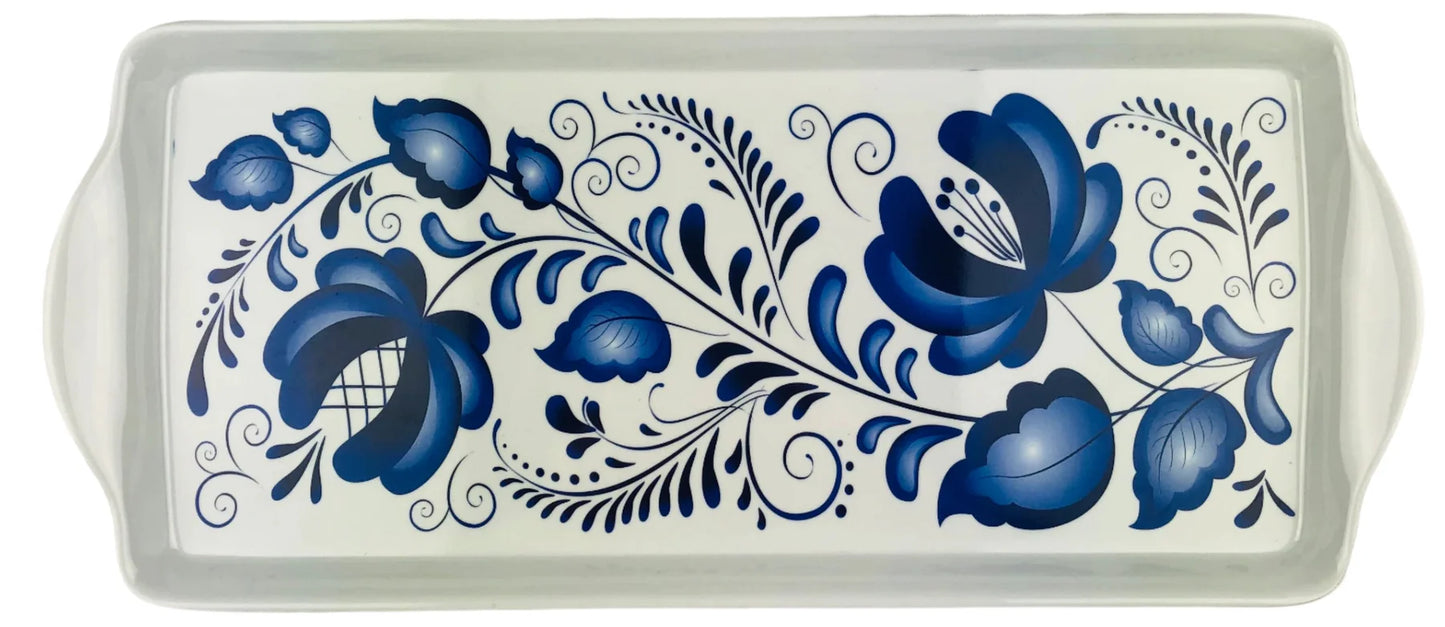 Almond Cake Serving Tray Blue Folk Art Flowers Blue