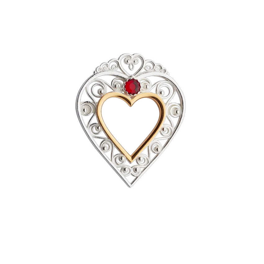 Sylvsmidja Brooch Heart Brooch Pin with Red Stone 906500