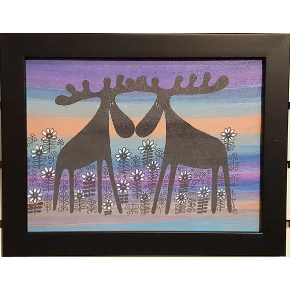 Moose Couple, Alfred & Anna in A Flower Bed Framed Print