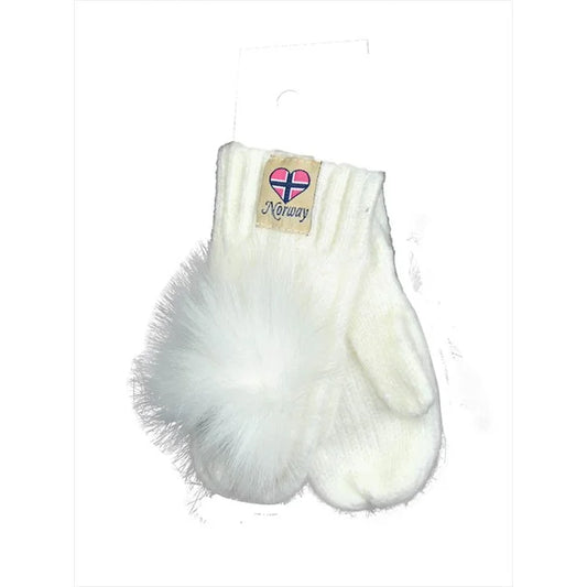 Kids Mittens White Fur Pom Pom