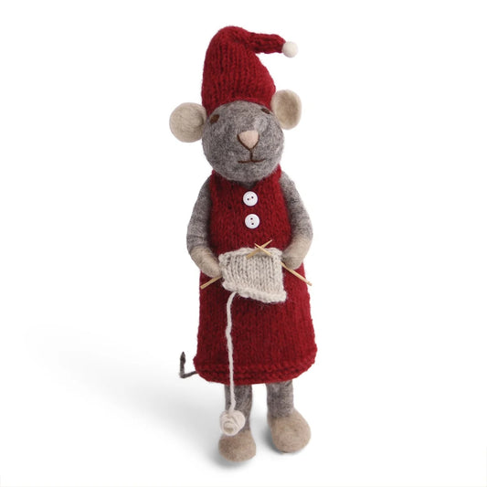 Gry & Sif Mouse Knitting with Red Dress Large