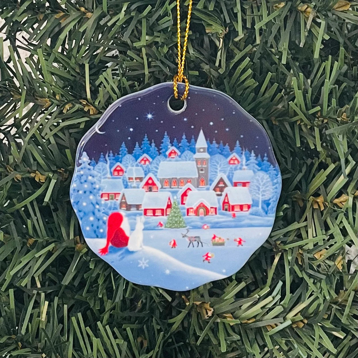 Ornament Eva Tomte & Rabbit Watching Village
