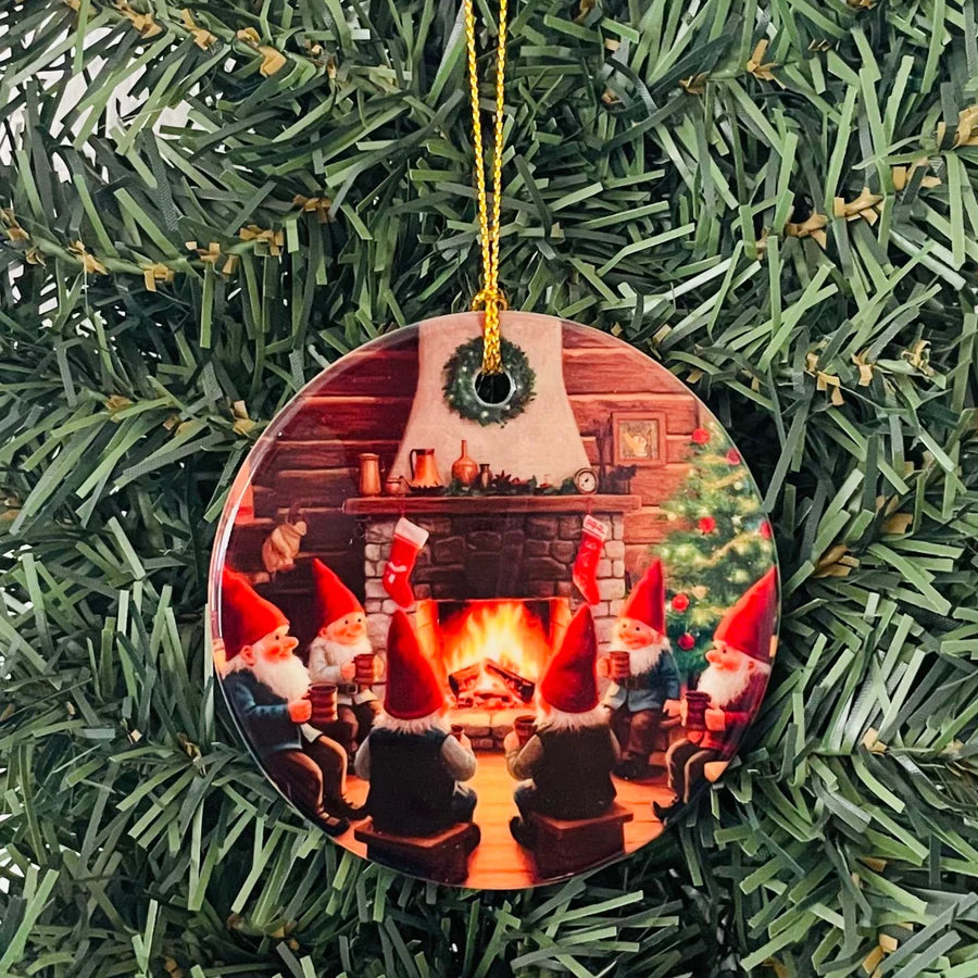 Ornament Gnomes at Fireplace