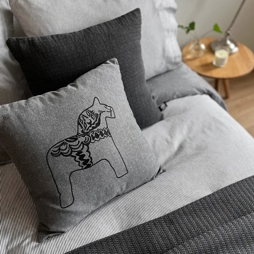 Pillow Cover Dala Horse Gray Black Recycled