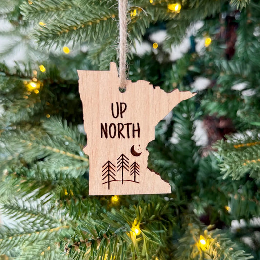 Ornament Up North Minnesota Wood Engraved Aurora North
